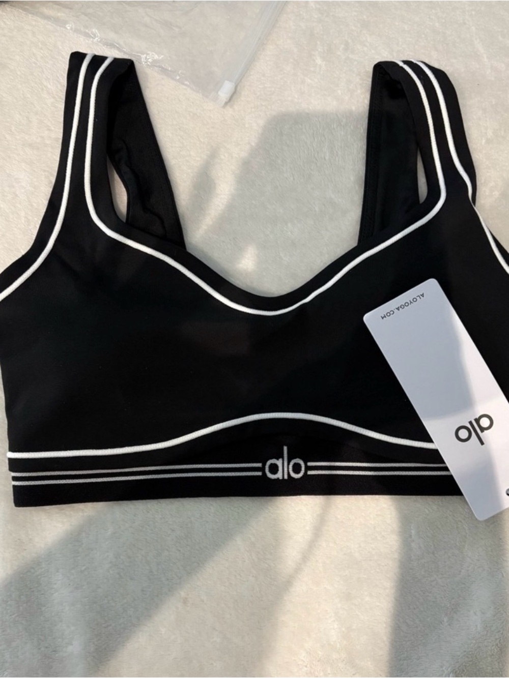 ALO Yoga Black Sports Bra with White Piping